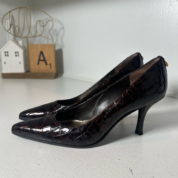 St. John Pointed Toe Croc Embossed Leather Pumps Heels Women’s 8.5M Brown - Picture 4 of 11